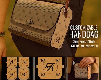 2 Purse Set, 104 Monogram Wooden Clutch Bag SVG, Customize Personalize, Laser Cut svg File, Glowforge, CNC Vector Template, Handbag Mini Bag