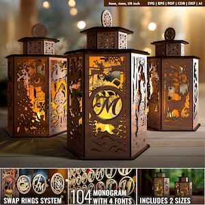 Lantern 104 Monogram Lamp Laser Cut SVG Tea light Candle Holder Christmas Night Lamp Glowforge Decoration Table Bundle Winter Scene svg