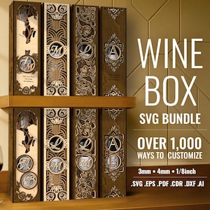 Monogramm Holz Weinflasche Geschenk Box Bundle Laser Cut svg Datei Glowforge Flaschenhalter svg Personalisieren Geschenkbox Muster cnc Vektor Vorlage