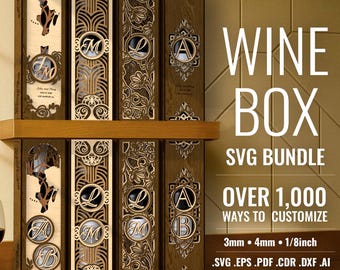 Monogram Wooden Wine Bottle Gift Box Bundle Laser Cut svg File Glowforge Bottle Holder svg Personalize Gift Box Pattern  cnc vector template