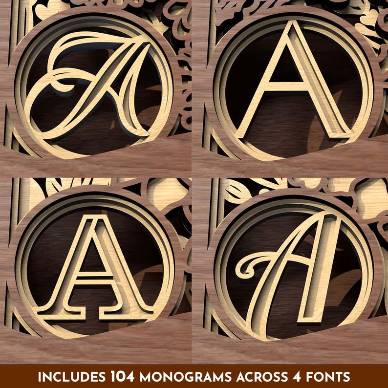 Display of 104 customizable monogram designs included in the digital gift box bundle