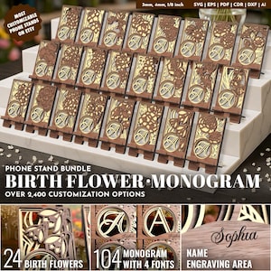 May include: A collection of wooden phone stands with floral and monogram designs. Each stand features a laser-cut floral pattern, a gold-colored backing, and a letter "A". The stands are displayed on a white surface. Text on the image reads "Birth Flower Monogram".