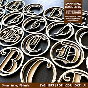 Paquete de anillos intercambiables 02, paquete de fuentes SVG, 4 fuentes, 104 letras, archivo de corte láser del alfabeto Glowforge, xTool, San Serif, cursiva, inglés antiguo, negrita