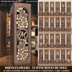 Caixa de presente para garrafa de vinho com 72 flores de nascimento, pacote com 104 monogramas, arquivo SVG para corte a laser, suporte para garrafa Glowforge, padrão personalizável, modelo vetorial CNC.