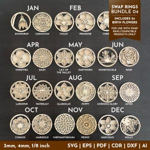 Swap Ring Bundle 04, Birth Flowers SVG Bundle, 24 Flowers, Laser Cut File for Glowforge, xTool, Exclusive Use With Swap Ring Products