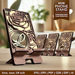 Stojak na telefon Rose, uchwyt na telefon, pliki Svg cięte laserowo, pliki wektorowe do cięcia laserowego, stojak na telefon jako prezent, uchwyt na telefon komórkowy, stojak na biurko