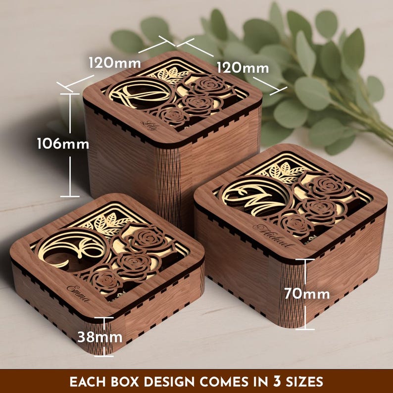 104 Monograms Birth Flower Wooden Gift Box Honeysuckle Rose SVG Bundle Laser Cutting Machine Glowforge laser cut file Digital Download image 6