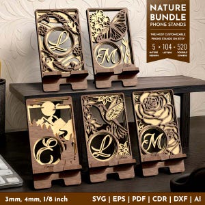 5 Nature designs, 104 Monogram Phone Bundle, Laser Cut Svg Files, Vector Files For Laser Cutting, Desk Phone Stand Gift, Cell Phone Holder