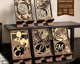 5 diseños de la naturaleza, paquete de 104 monogramas para teléfono, archivos SVG cortados con láser, archivos vectoriales para corte láser, soporte para teléfono de escritorio de regalo, soporte para teléfono celular