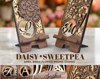 104 Monograms Birth Flower Phone Stand Daisy Sweetpea SVG for Laser Cutting Desk Stand Gift personalize cell phone holder wood phone stand