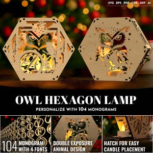 104 Monogram Owl Hexagon Lamp Laser Cut Tea light Candle Holder Snowy Scene Christmas Lantern Winter Wonderland Decor Digital Download SVG