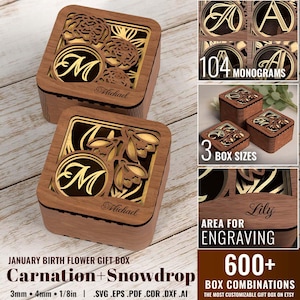 Puede incluir: Dos cajas de regalo de madera con diseños florales cortados con láser y la letra "M". Las cajas presentan un interior dorado y están etiquetadas como "Michael". La imagen también muestra opciones de monogramas, tamaños de cajas y áreas de grabado. El texto dice "January Birth Flower Gift Box" y "Carnation + Snowdrop".