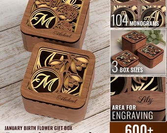 104 Monograms Birth Flower Wooden Gift Box Carnation Snow Drop SVG Bundle Laser Cutting Machines Glowforge laser cut file Digital Download