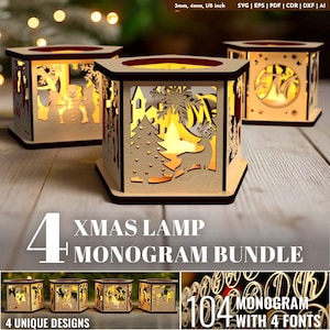 May include: Wooden Christmas lamp bundle with four unique designs. Each lamp features intricate cut-out scenes, including a snowman, a Christmas tree, and a reindeer. The lamps are illuminated from within, creating a warm glow. The text on the image reads "XMAS LAMP MONOGRAM BUNDLE".