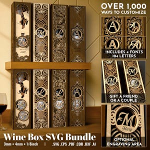8 monogrammes en bois bouteille de vin boîte cadeau Bundle découpé au laser fichier svg Glowforge porte-bouteille svg personnaliser motif modèle vectoriel cnc mariage