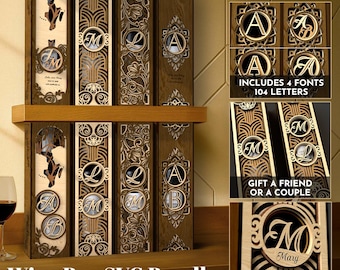 Paquete de 8 cajas de regalo de madera con monograma para botellas de vino, corte láser, archivo SVG, Glowforge, soporte para botellas SVG, plantilla vectorial CNC para personalizar patrones.