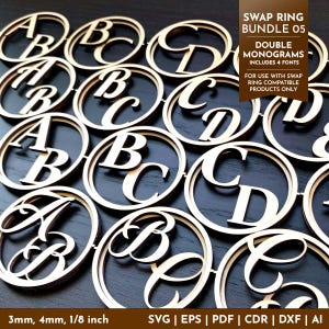 May include: A selection of wooden monogram letters, laser-cut in a circular design. The letters A, B, C, and D are displayed. The text reads "SWAP RING BUNDLE 05" and "DOUBLE MONOGRAMS". The thickness is 3mm, 4mm, and 1/8 inch.