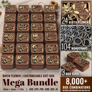 Pudełko na prezent z kwiatami urodzinowymi SVG Mega Bundle Dekoracyjny drewniany model wektorowy Glowforge plik wycinany laserowo Pobieranie cyfrowe Niestandardowe etui na biżuterię Monogram