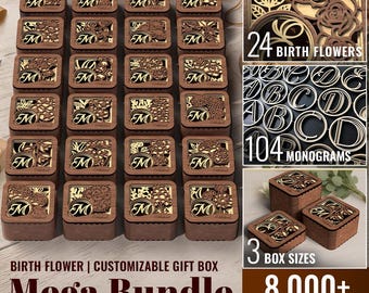 Birth Flower Gift Box SVG Mega Bundle Decorative Wooden vector model Glowforge laser cut file Digital Download Custom Jewelry Case Monogram
