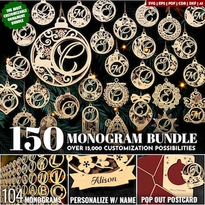 150個のクリスマスオーナメント、104個のモノグラムSVGバンドル、ツリーデコレーションクラフトセット、吊り下げオーナメント、雪景色、新年、レーザーカット、デジタルダウンロードSVG