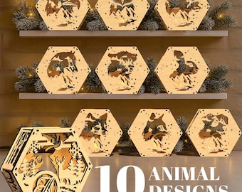 10 Animal 104 Monogram Hexagon Lamp Tea Light Candle Holder Laser Cut Snowy Scene Christmas Lantern Winter Wonderland Decor Digital Download
