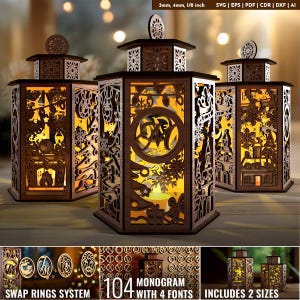 May include: Wooden Christmas lanterns with detailed cut-out patterns, featuring snowflakes, trees, and a monogram. The lanterns are lit from inside, producing a warm light. The image also shows the text "SWAP RINGS SYSTEM", "104 MONOGRAM WITH 4 FONTS", and "INCLUDES 2 SIZES".