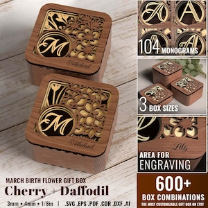 May include: Wooden gift boxes with floral cutouts and the letter "M" inside a circle. The boxes are engraved with the name "Michael". The image also shows 104 monograms, 3 box sizes, and the text "March Birth Flower Gift Box Cherry + Daffodil".