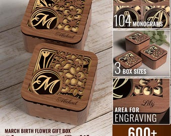 104 Monograms Birth Flower Wooden Gift Box Cherry Daffodil SVG Bundle Laser Cutting Machines Glowforge laser cut file  Digital Download