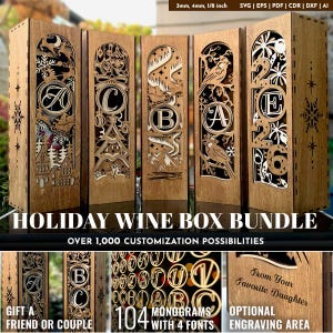 9 Wine Bottle Gift Box 104 Monograms Bundle Laser Cut svg File Glowforge Bottle Holder svg Personalize Pattern cnc vector template Wooden