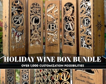 9 Wine Bottle Gift Box 104 Monograms Bundle Laser Cut svg File Glowforge Bottle Holder svg Personalize Pattern cnc vector template Wooden