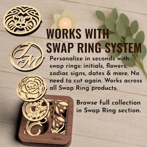 Modular Swap Ring system shown with initials, zodiac, and birth flower icons for easy personalization