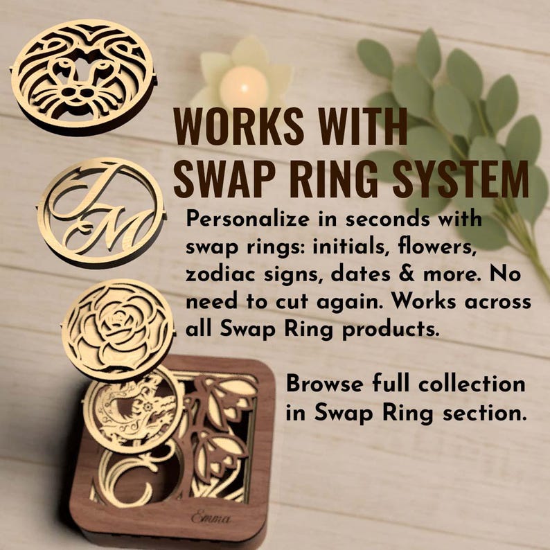 Modular Swap Ring system shown with initials, zodiac, and birth flower icons for easy personalization