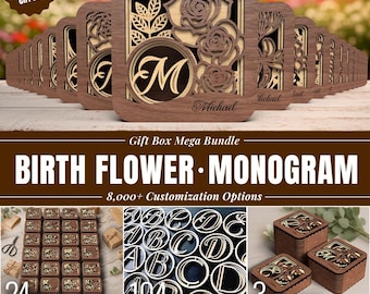 24 Birth Flower Monogram Gift Box SVG Mega Bundle Decorative Wooden vector model Glowforge laser cut Digital Download Custom Jewelry Case