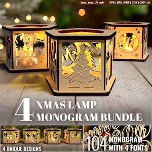 May include: Wooden Christmas lamp bundle with four unique designs. Each lamp features intricate cut-out patterns, including a Christmas tree and monogram letters. The lamps are illuminated from within, creating a warm glow. The text on the image says "XMAS LAMP MONOGRAM BUNDLE".