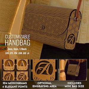 2 Purse Set, 104 Monogram Wooden Clutch Bag SVG, Customize Personalize, Laser Cut svg File, Glowforge, CNC Vector Template, Handbag Mini Bag