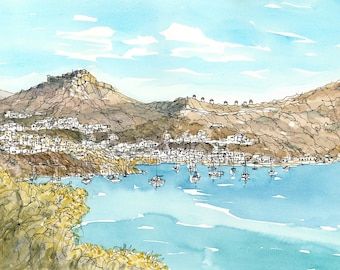 Leros Agia Marina art print from original watercolor painting