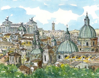 Rome Panorama  Italy art print from an original watercolor painting