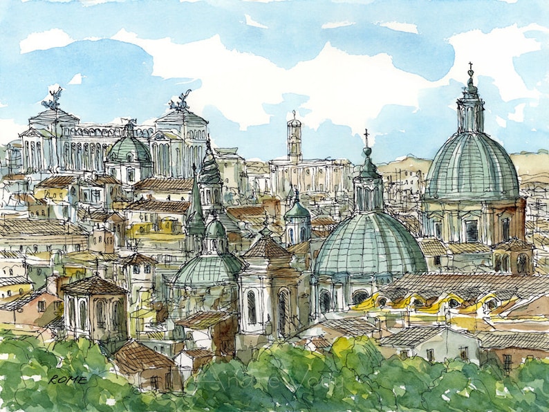 Rome Panorama Italy art print from an original watercolor painting image 1