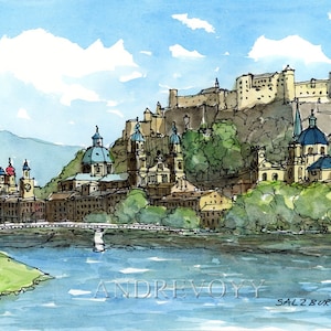 Salzburg Oostenrijk kunstprint van een origineel aquarelschilderij