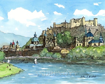 Salzburg Austria art print from an original watercolor painting