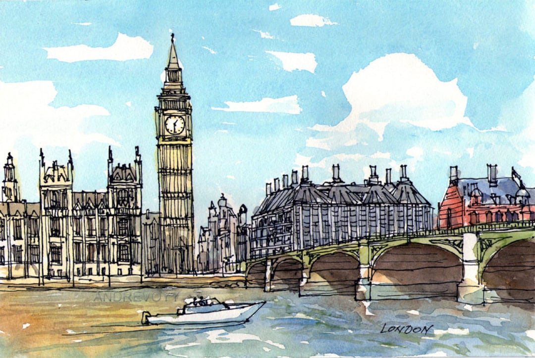 ロンドン ウェストミンスター橋 ビッグベン オリジナル水彩画のアート