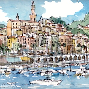 Menton France art print from original watercolor painting