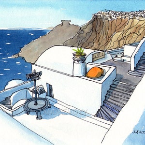 Santorini Firostefani Greece print of watercolor painting drawing, signed image 1