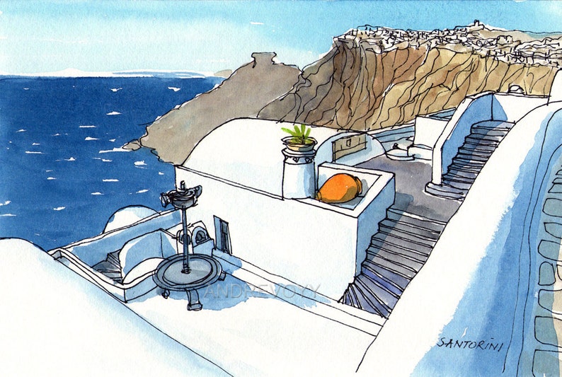 Santorini Firostefani Greece print of watercolor painting drawing, signed image 1