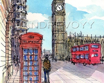 London Bridge Street Big Ben art print from an original watercolor painting