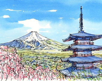 Fujiyama Mountain Red Pagoda Japan art print from an original watercolor painting