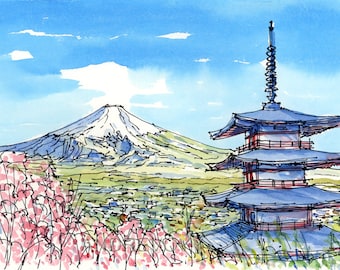 Fujiyama Mountain Red Pagoda Japan Art Print From an