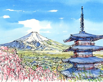 Fujiyama Mountain Red Pagoda Japan art print from an original watercolor painting