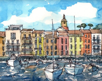 Saint-Tropez  France art print of watercolor painting, signed