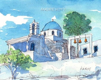 Paros Three Bells, Greece art print of original watercolor painting